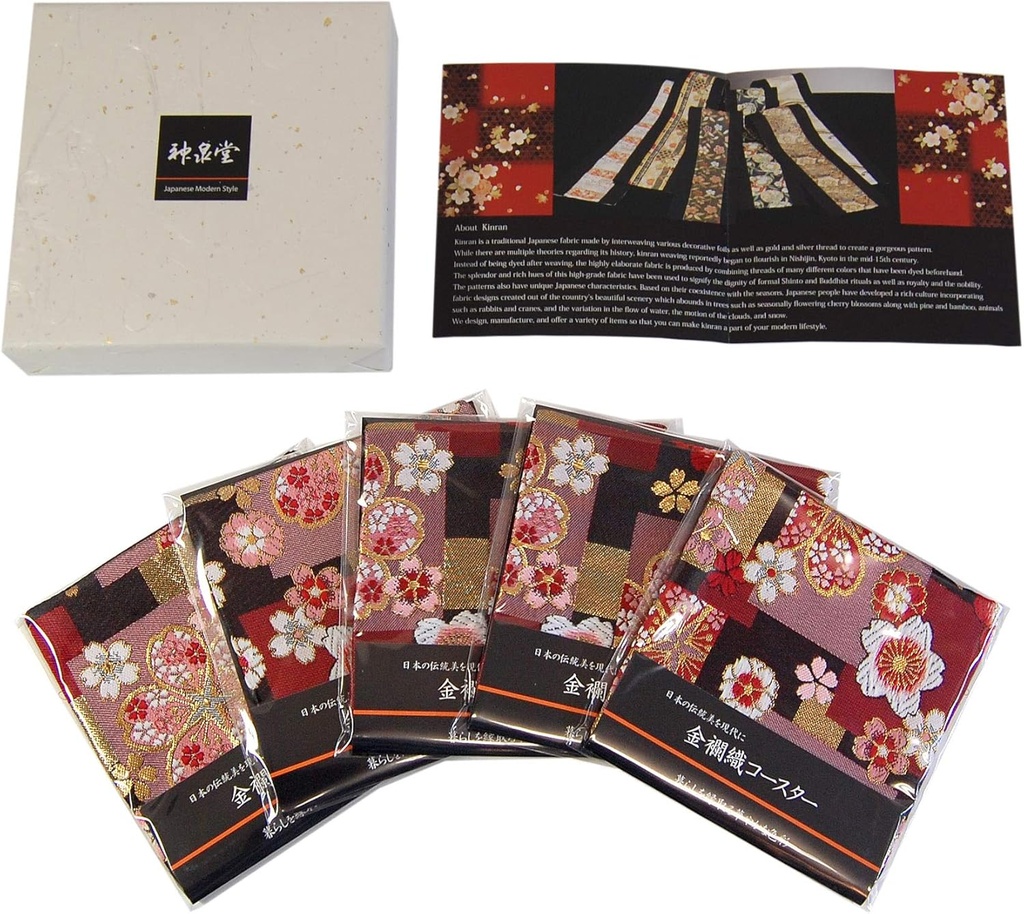 Ideal for Gifts. A Coaster Using Japanese Kimono. 5 Sheets Set. Boxed and Packaged. Pattern Name Red Cherry.