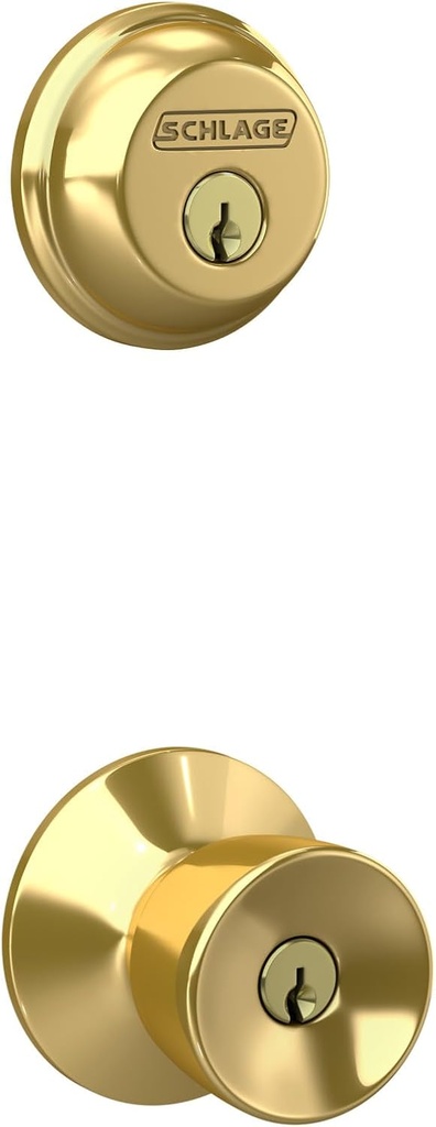 Schlage FB50 V BEL 505 605 Single Cylinder Deadbolt and Keyed Entry Bell Knob, Bright Brass