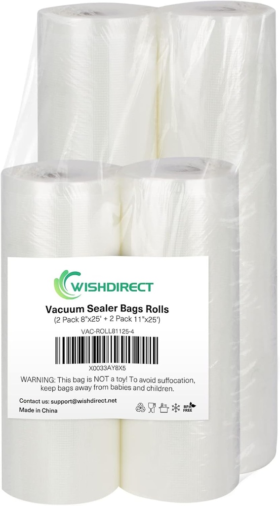 Vacuum Sealer Bags Rolls Compatible with FoodSaver, 2 Pack 11" x 25' and 2 Pack 8" x 25' Fit Inside Machine Commercial Grade Embossed Food Preservation Rolls (Total 100 Feet)