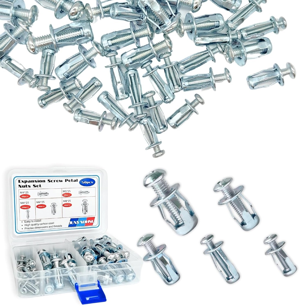 50pcs Petal Nuts, Expansion Screw Jack Nut, Carbon Steel Rustproof Corrosion-Resistant Petal Shape Rivet Nuts Fasteners for Securing Plate Frame Container Tag, Silver M4 M5 M6 M8