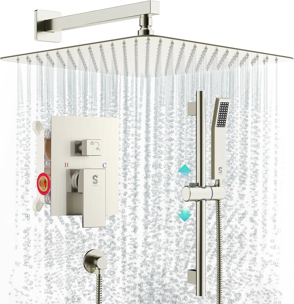 SR SUN RISE 12 Inch Square Shower System, Rain Shower Head and Slide Bar Handheld Shower Faucet Wall Mounted Combo Set Included Valve and Trim Kit for Bathroom, Brushed Nickel