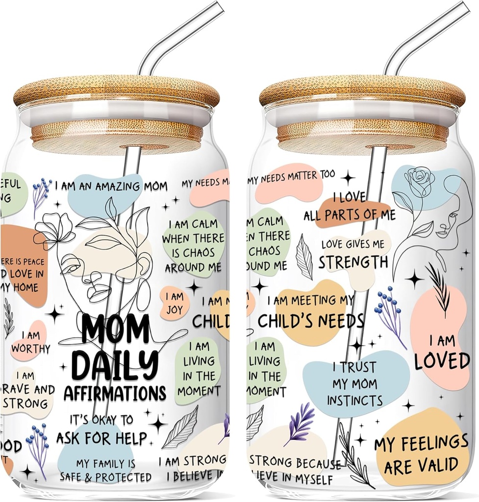Mom Daily Affirmations 16 Oz Glass Cup with Lid and Straw Mommy Tumbler Mama Coffee Mug Inspirational Present Mothers Day Christmas Birthday Gifts for Mother Women from Daughter Son