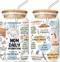 Mom Daily Affirmations 16 Oz Glass Cup with Lid and Straw Mommy Tumbler Mama Coffee Mug Inspirational Present Mothers Day Christmas Birthday Gifts for Mother Women from Daughter Son