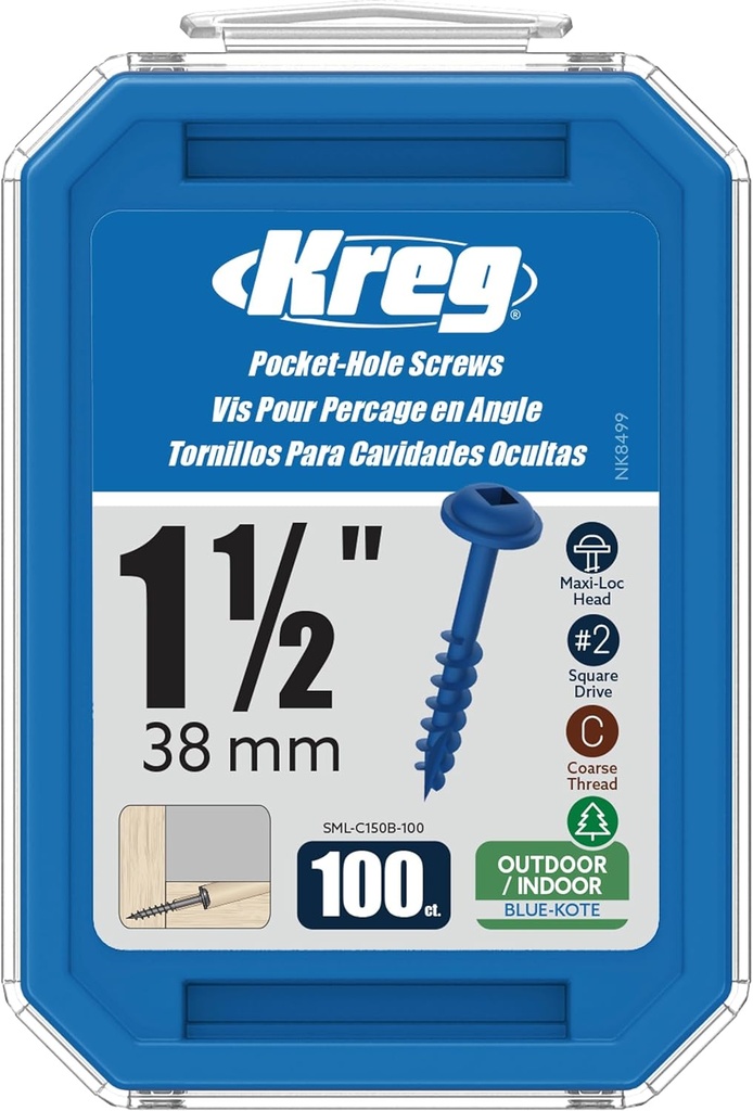 Kreg SML-C150B-100 Blue Kote Pocket Screws, 1 1/2-Inch #8 Coarse Thread, Maxi-Loc Head (100 Count)
