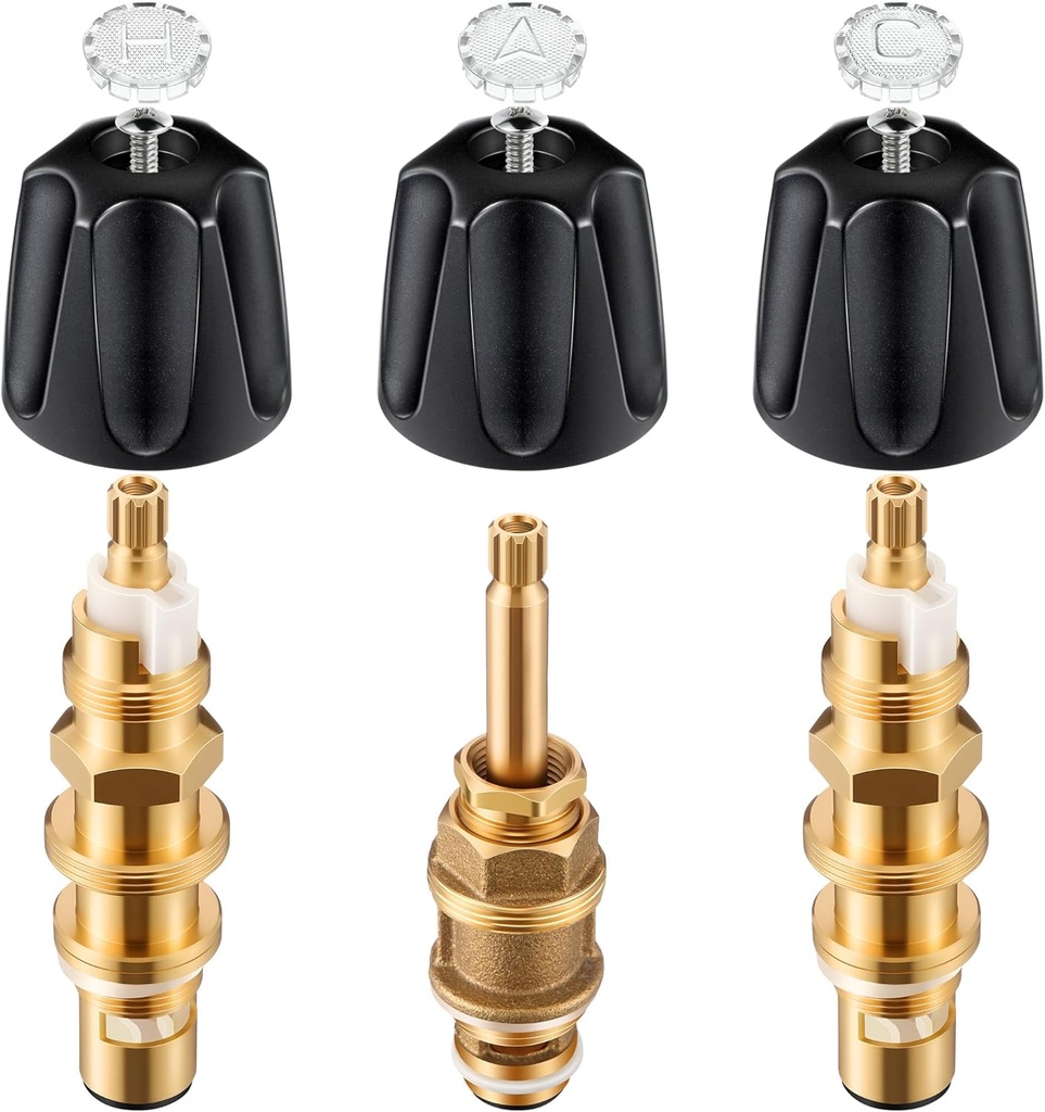 3 Piece Metal Shower Knob and Ceramic Disc Cartridge Set, Compatible with Price/Pfister, Hot Cold and Diverter Faucet Handle Rebuild Kit with Shower Valve Stem (Matte Black)