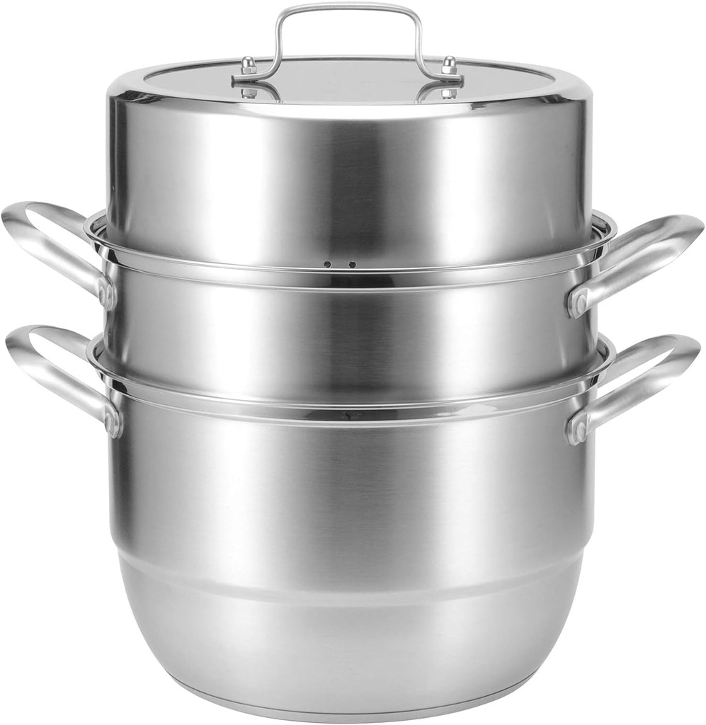 Stainless Steel Steamer with Glass Lid, Steamer Food Pot Set, 3 Tier Steamer Set, 38 x 28 x 28 cm