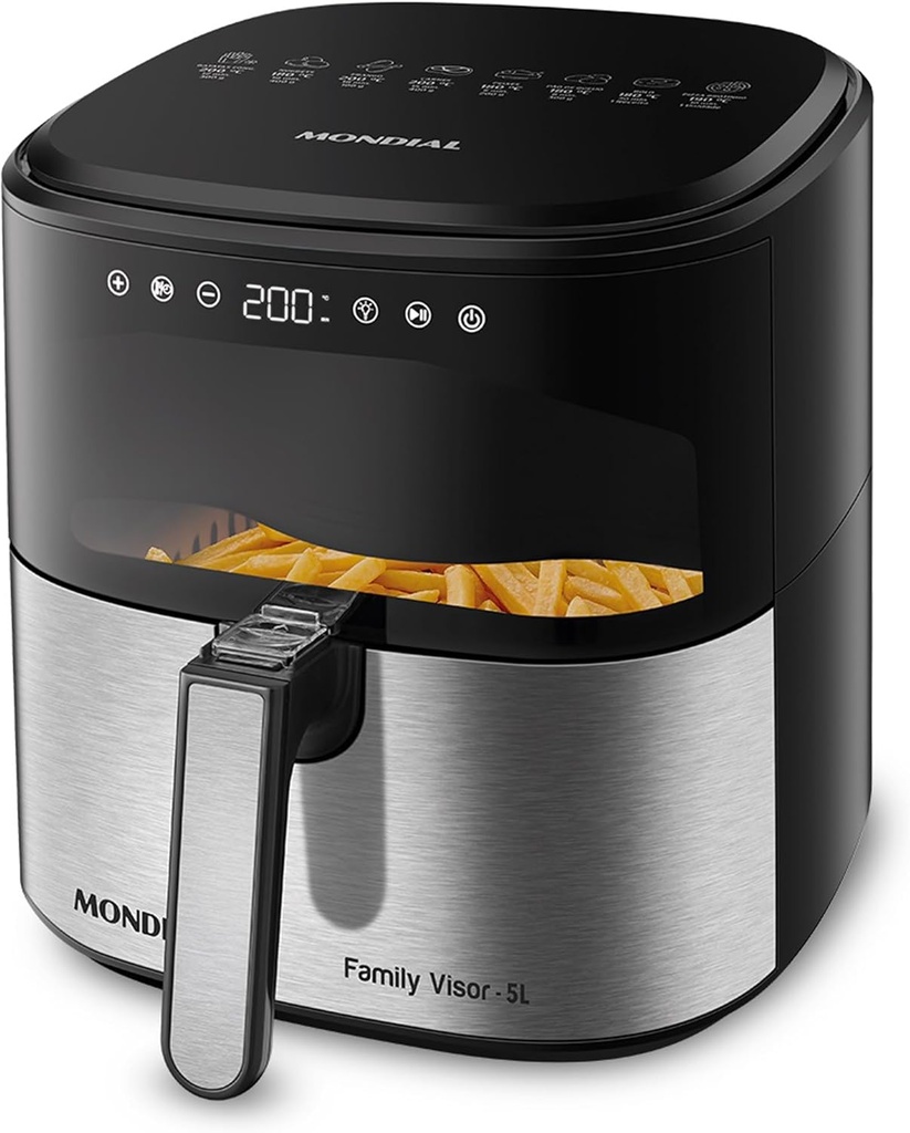 Mondial - Air Fryer Digital Visor Inox 5.3QT Capacity - High Power & Elegant Stainless Steel Finish - Black & Inox