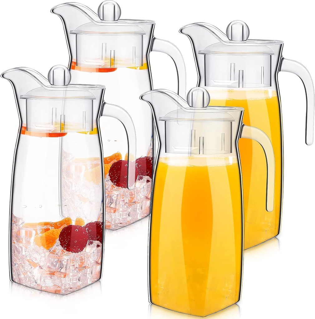 4 Pack Acrylic Water Pitcher with Lid and Spout Handle Clear Plastic Pitcher Heat Resistant Plastic Carafe Unbreakable Beverage Container Fridge Jug for Juice Iced Tea Sangria Lemonade (44 oz)