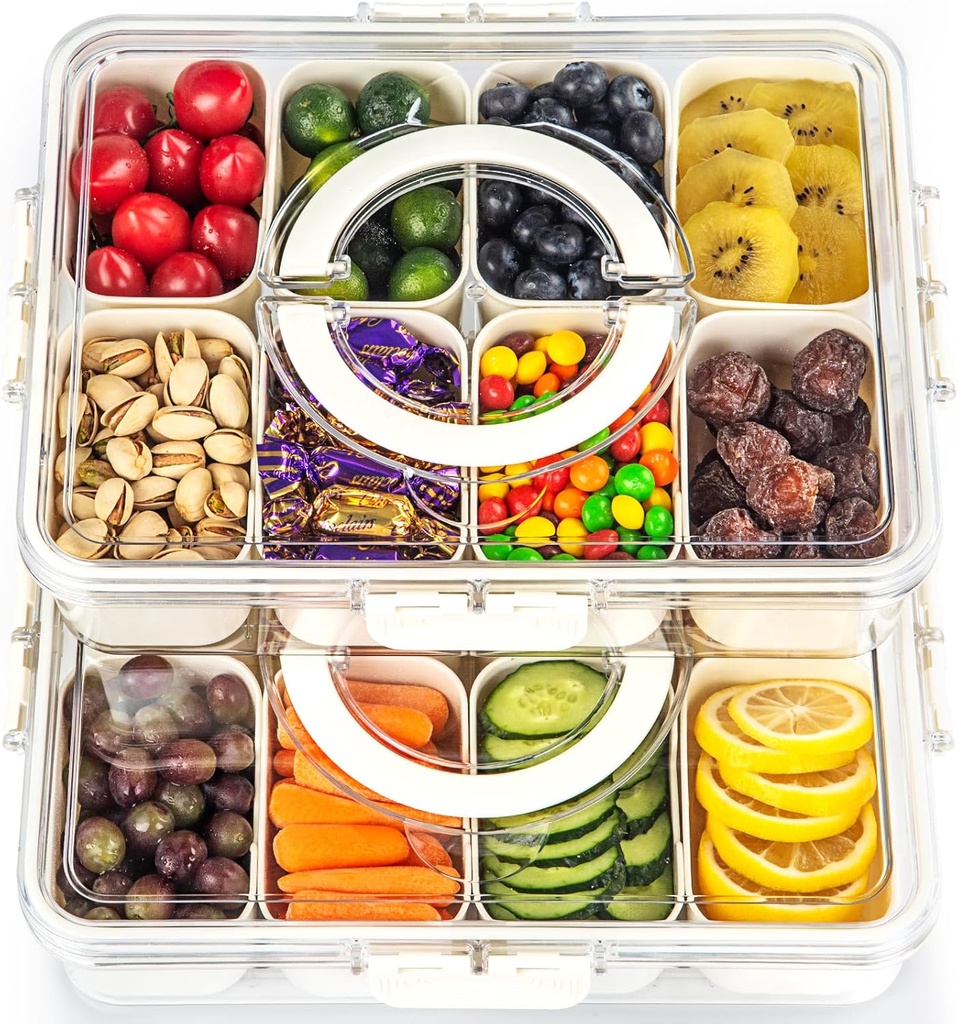 Divided Serving Tray with Lid and handle,Portable Snack Box Container Snack,Veggie Tray Charcuterie Boxes Fruit Tray Candy Organizer For Entertaining,Party,Picnic,2Pack
