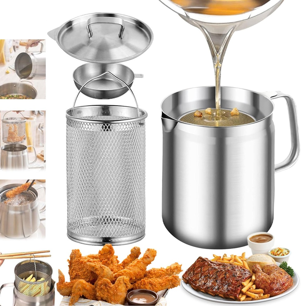 304 Stainless Steel Large Capacity Multifunctional Oil Filter Tank, Multifunctional Deep Fryer Pot, Deep Fryer with Oil Filtration for Cooking Spaghetti, French Fries, Chicken (Glossy 2.0L, 1Pcs)