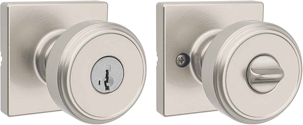 Kwikset Maven Entry Door Knob with Lock and Key, Secure Keyed Handle Exterior, Square Front Entrance and Bedroom, Satin Nickel, Pick Resistant SmartKey Rekey Security and Microban (Pack of 10)