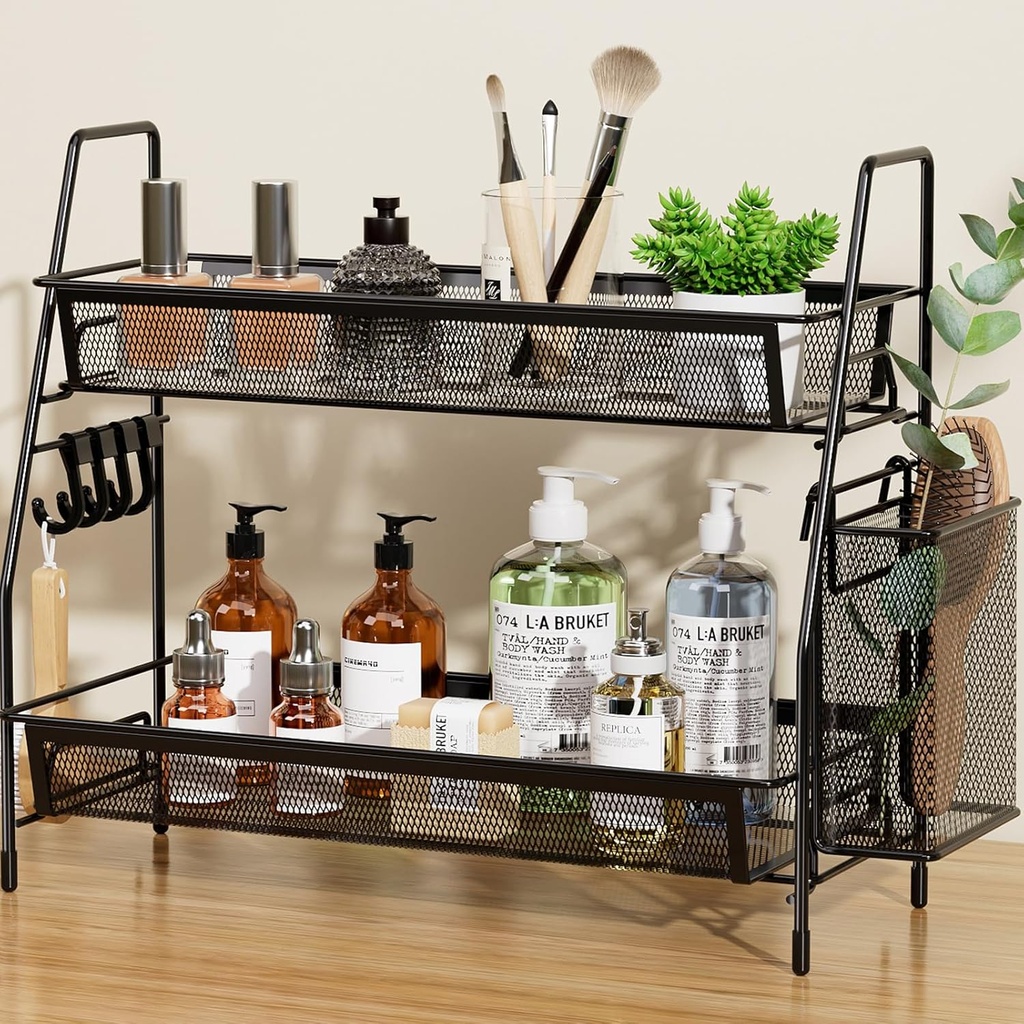 VITVITI 2-Tier Bathroom Organizer Countertop, Metal Wire Mesh Bathroom Counter Organizer Storage with Basket Hooks, Vanity Tray Shelf, Kitchen Spice Rack, Black