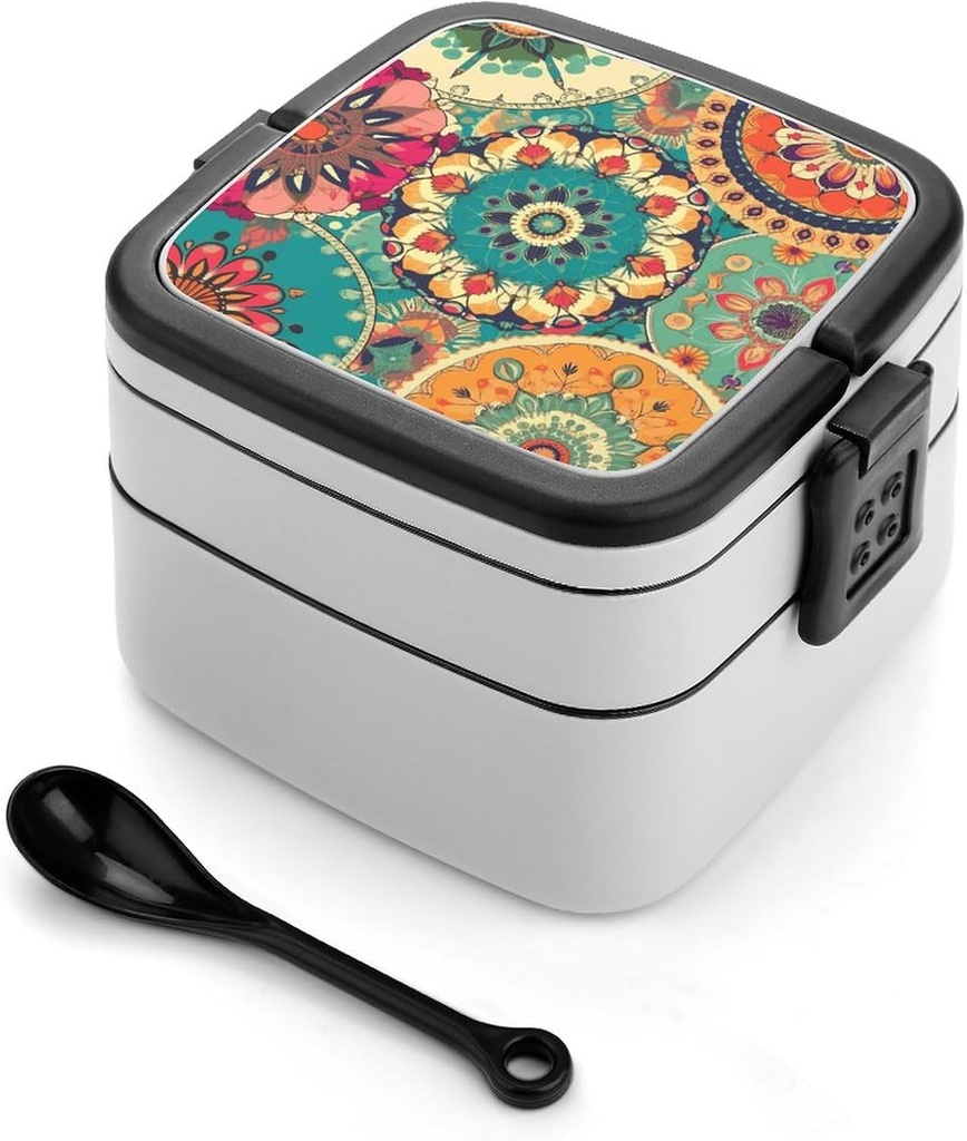 Round Flower Bento Box Double Layer Lunch Box for Adults with Spoon And Handle Stackable Lunchbox Leakproof Lunch Container for Work Picnic Travel