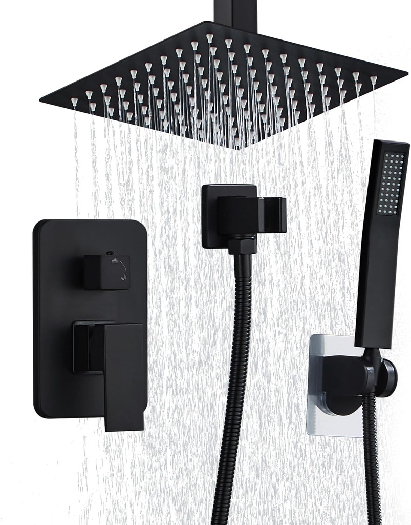 8 Inch Shower Faucet Set Ceiling Mount, High Pressure Rainfall Shower System, Square Rain Shower Head with Handheld Spray Combo, Ceiling Luxury Rainfall Shower Fixtures Matte Black (L-Style)