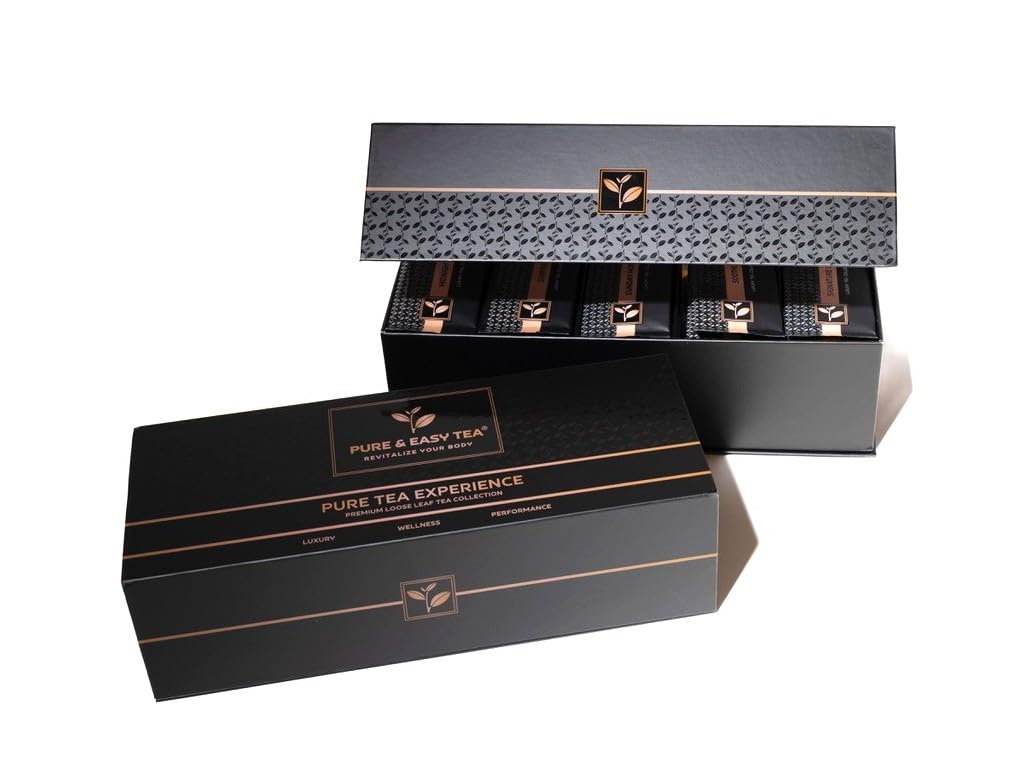 Pure And Easy Tea, Premium Loose Leaf Tea Sampler Set, 30-Count Variety Pack with 10 Herbal & Caffeinated Flavors, Natural Wellness & Luxury Tea in Designer Gift Box, 150g