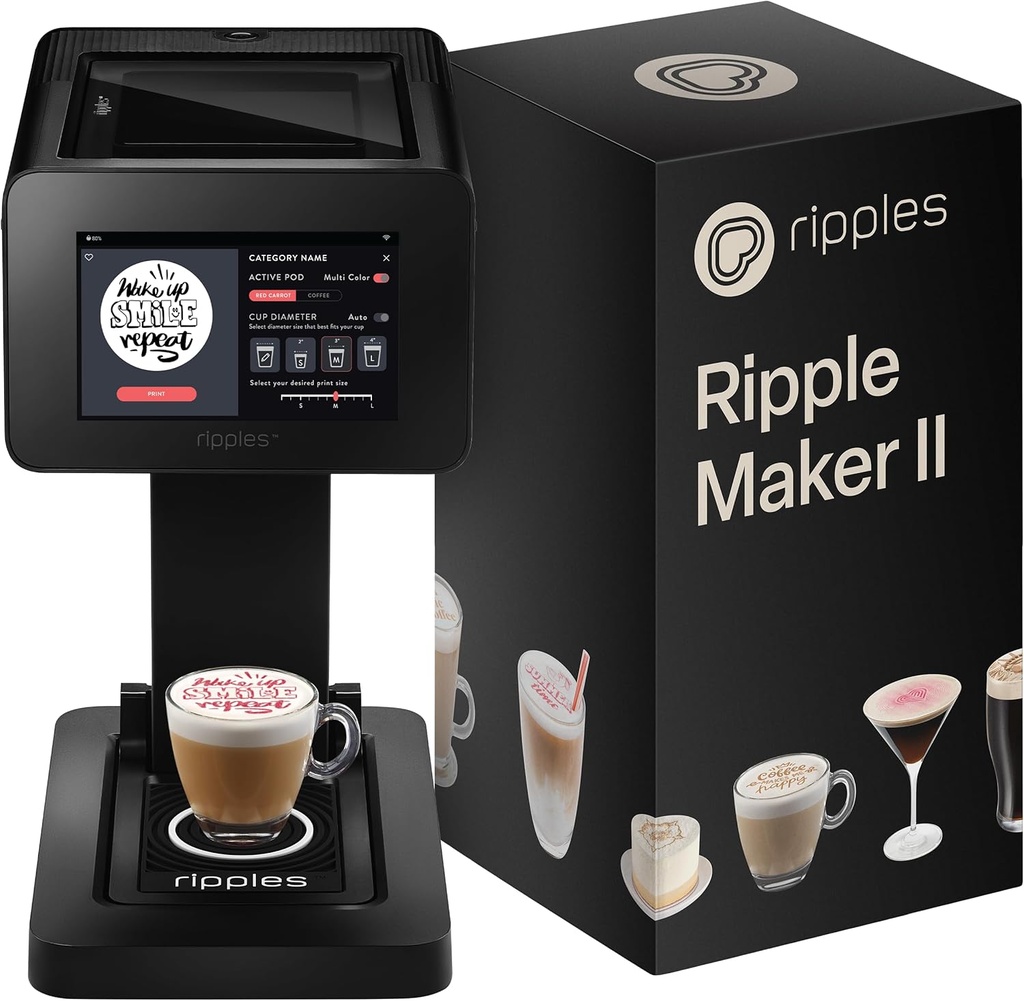 Ripples The Original Maker II, Print on Beverage Foam and Desserts, Plant-Based Ingredients Only, Selfie and Personalized Designs (Machine + Red Pod)