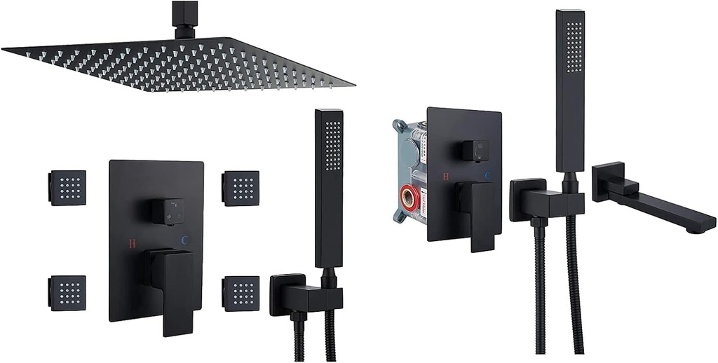 Ceiling Mounted Mixer Shower Faucet 12’’ Square Rainfall Shower Head with 4 Body Spray Jets Matte Black Bathtub Faucet with Hand Held Sprayer and Swivel Tub Filler Single Handle Dual Functions