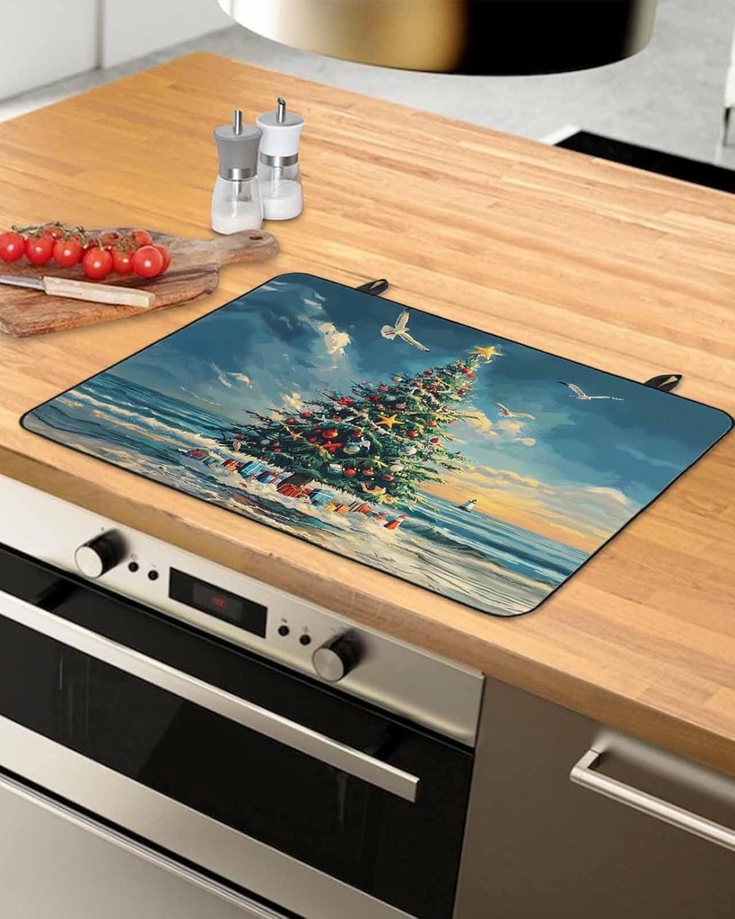 Coastal Christmas Induction Cooktop Protector, Non Slip Glass Top Stove Cover Protector, Christmas Tree Beach Nautical Induction Cooktop Mat for Electric Stove Microwave Mat Trivet 31"x24"
