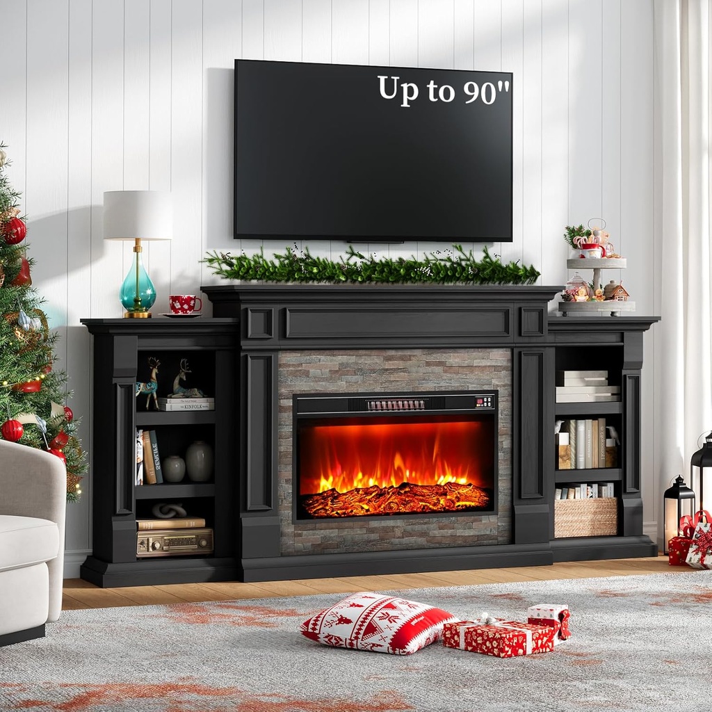 LGHM 80" Fireplace TV Stand, Electric Fireplace with Mantel for TVs Up to 90 Inch, Modern Black Entertainment Center with Storage, 30'' Fireplace Heater Insert with 3D Flame Effect for Living Room
