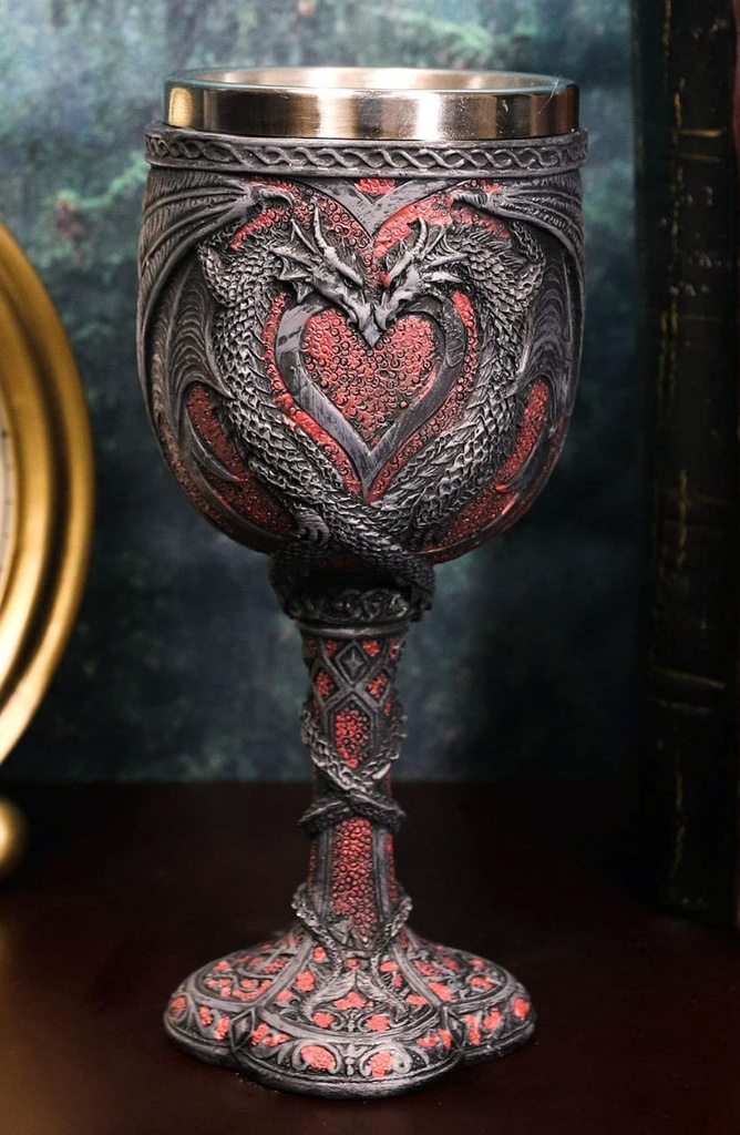 Ebros Celtic Valentine Lovers Dual Dragon Romantic Red Heart Vial Of Blood Wine Goblet 7"Tall Medieval Renaissance Dungeons And Dragons Themed Beverage Cup Chalice As Decorative Drinking Party Hosting