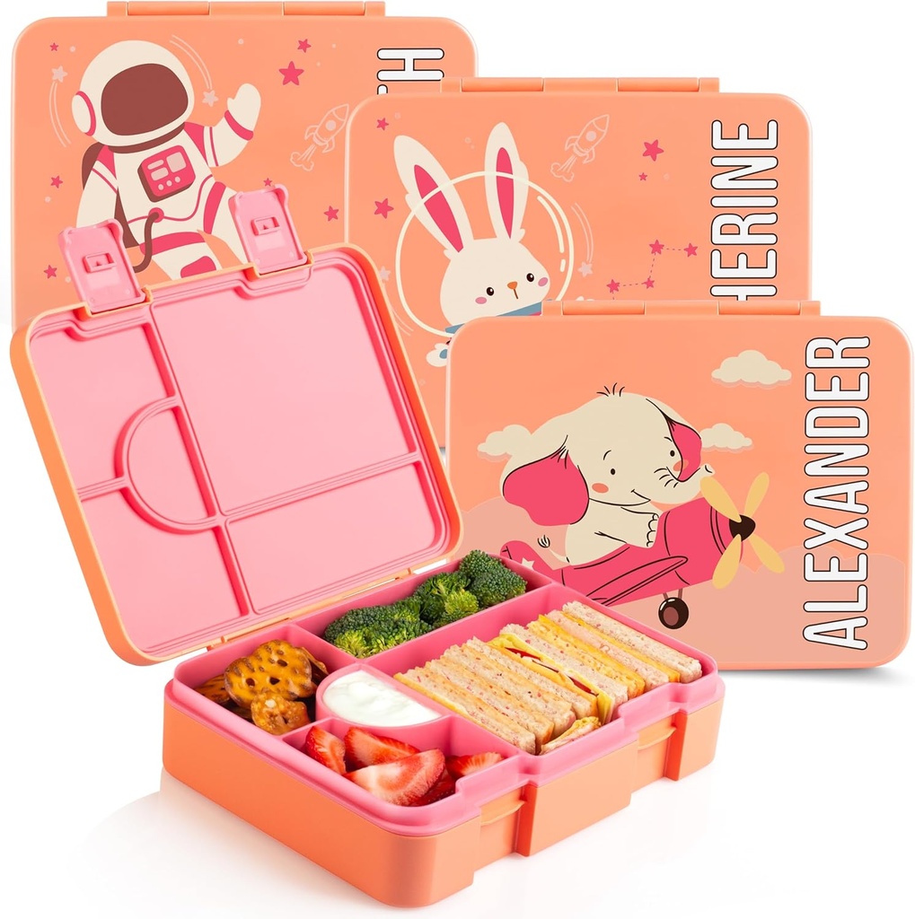 Personalized Bento Box for Kids with Space Icon and Name - Salmon - 5 Compartments Drop-Proof Bento Box, Dishwasher Safe, Made with BPA-Free Materials, Bento Lunch Box for Kids and Toddlers