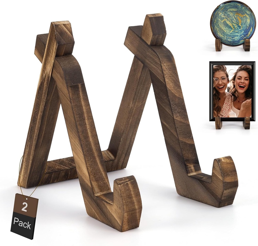 2 Pack Bamboo Plate Display Stand, 6 Inch Decorative Picture Frame Stand Square Plate Holder Display Stand Display Stand for Plates, Photos, Book, Décor (Brown)