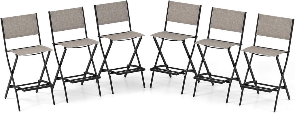 COSTWAY Outdoor Patio Bar Chair Set of 6, Folding Bar Height Stool with Metal Frame & Footrest, Patio Bar Stool for Balcony, Garden & Poolside (6, Coffee)