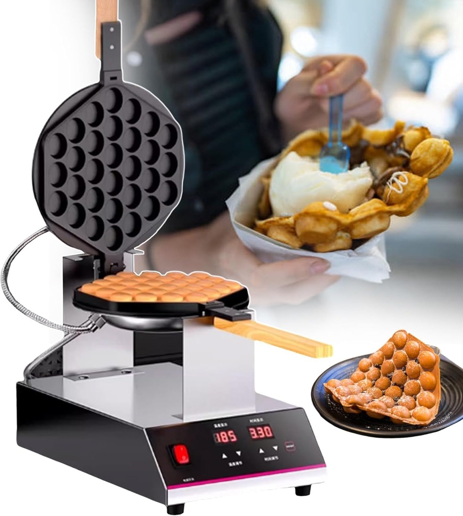 Professional Bubble Waffle Station - Dual-Sided Heating, Street Food Egg Waffle Iron, Digital Display + Wood Handle + 180° Rotating, for Food Truck/Bakeries/Coffee Shops,SingleHead