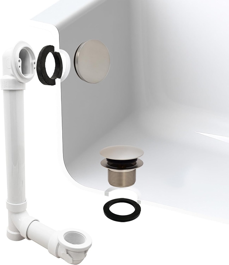 Westbrass A493244H-07 14" Sch. 40 PVC Bath Waste & Overflow Assembly with Illusionary Faceplate and Tip-Toe Drain Plug, Satin Nickel
