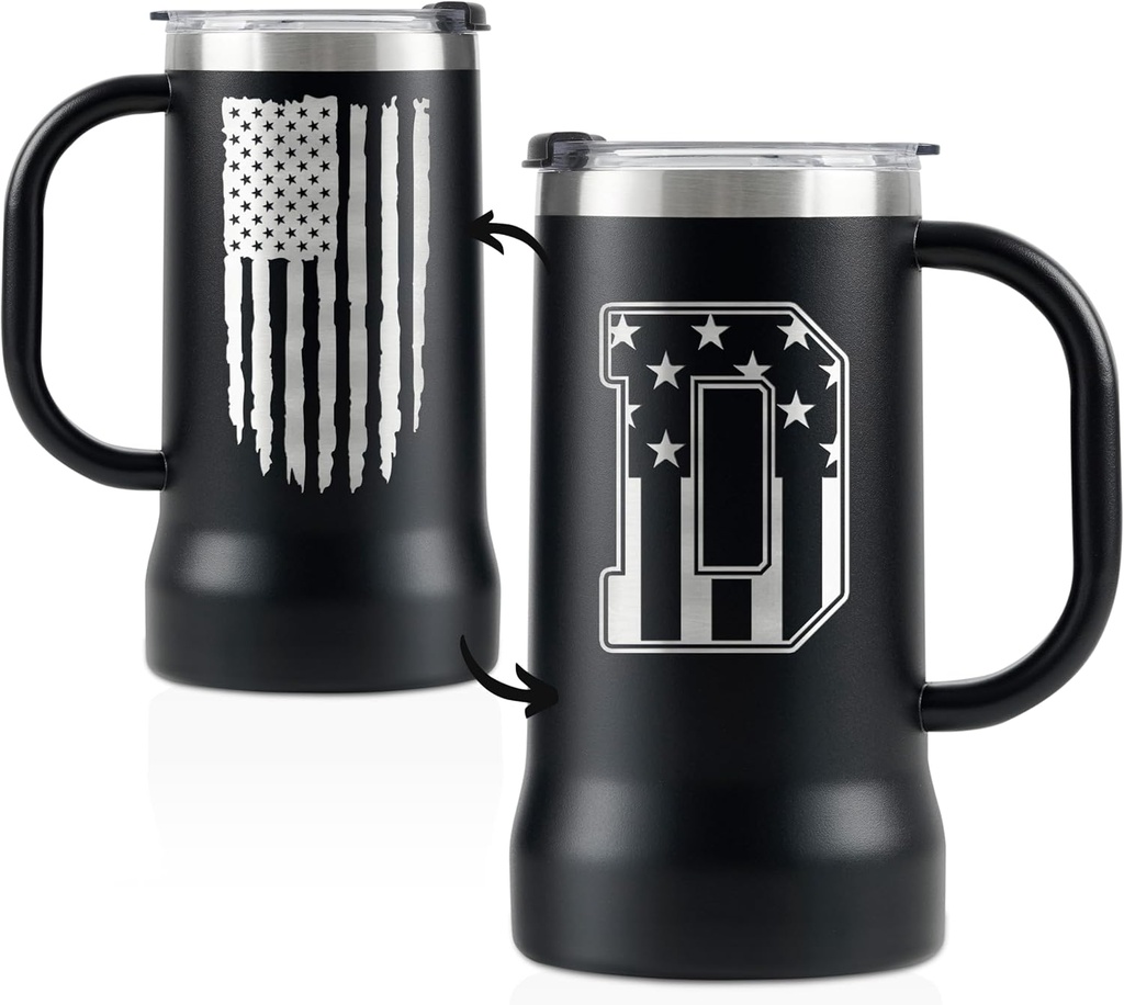 Onebttl Personalized Beer Stein, Beer Mug with Handle - Gifts for Beer Lovers, Men Who Have Everything on Birthday, Christmas - Customized Patriotic US Flag Gifts, Monogram 24 oz Cup, D