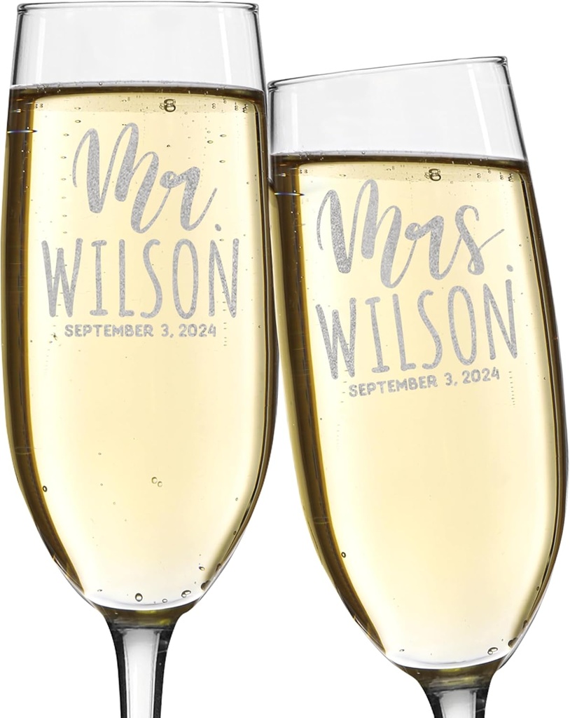 Set of 2, Personalized Mr and Mrs Engraved Champagne Flute Glasses 8 oz. with Box, Custom Engraved Toasting Flutes for Bride & Groom, Wedding Gifts for Newlyweds, Engagement, Anniversary