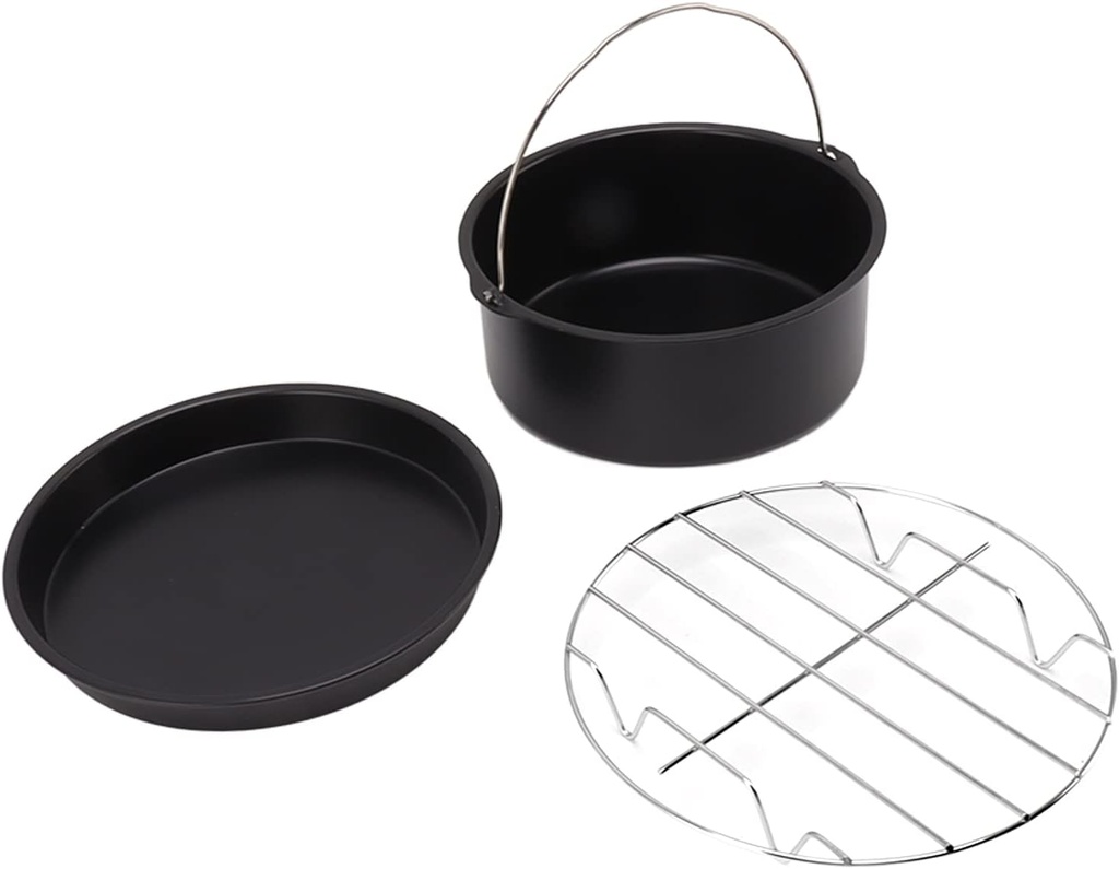 Air Fryer Cake Pan Accessories,Air Fryer Pizza Pan,Universal Stainless Steel Baking Cake Barrel Pizza Pan Grill Nonstick Coating Dishwasher Safe Black(8 Inches)