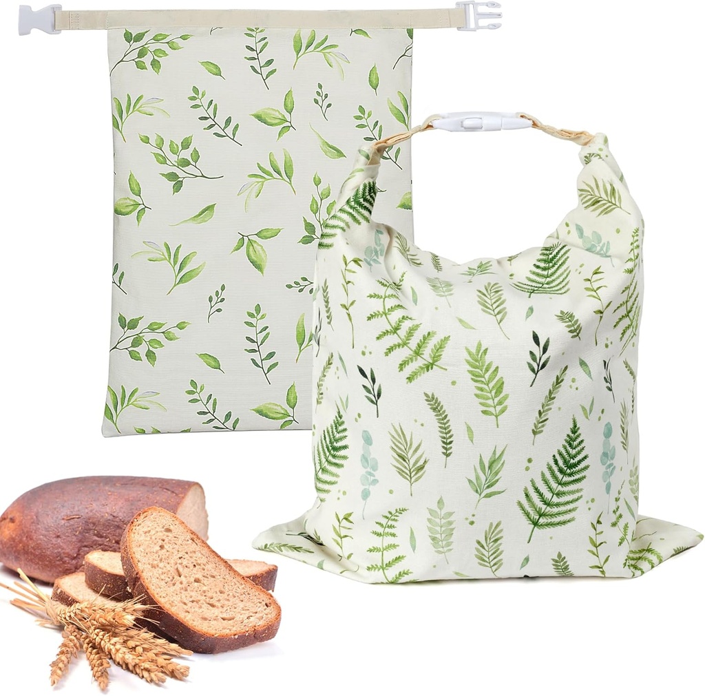 2 Pack Beeswax Bread Bags for Homemade Sourdough with Zipper and Buckle, Reusable Bread Bag for Thanksgiving Christmas, Fresh Green Leaf Pattern