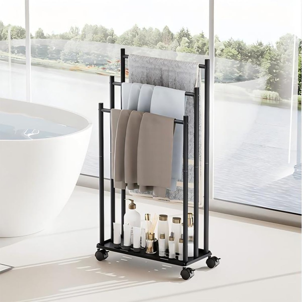3-Tier Rolling Towel Rack, Black Iron, Freestanding Bathroom Organizer with Wheels, 34.6x17.7x8.3 Inch