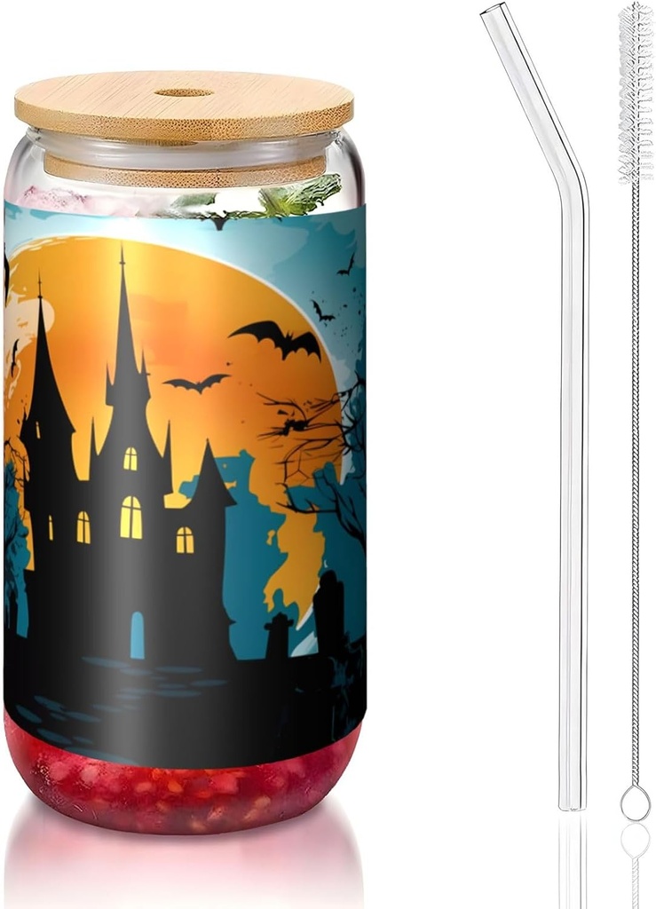 Castle Witch Pumpkin 16 Oz Ice Tea Glass Cup, Halloween Night Drinking Glasses with Bamboo Lids & Glass Straws for Coffee Tea Cocktail Whiskey Soda