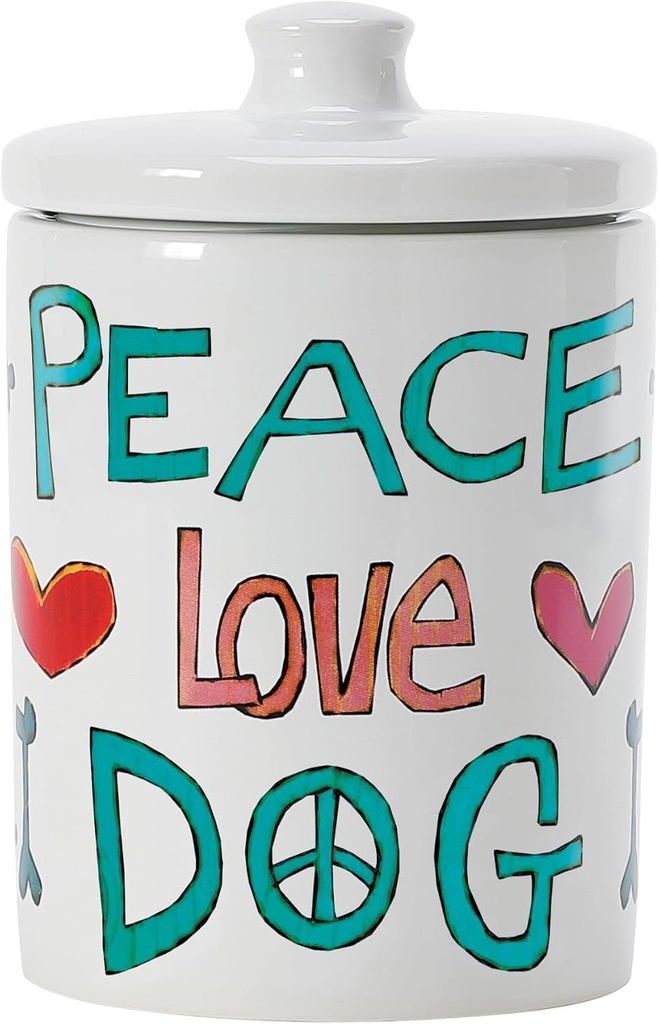 Enesco Izzy and Oliver Stephanie Burgess Painted Peace Love Dog Food Jar Treat Container, 7.25 Inch, Multicolor