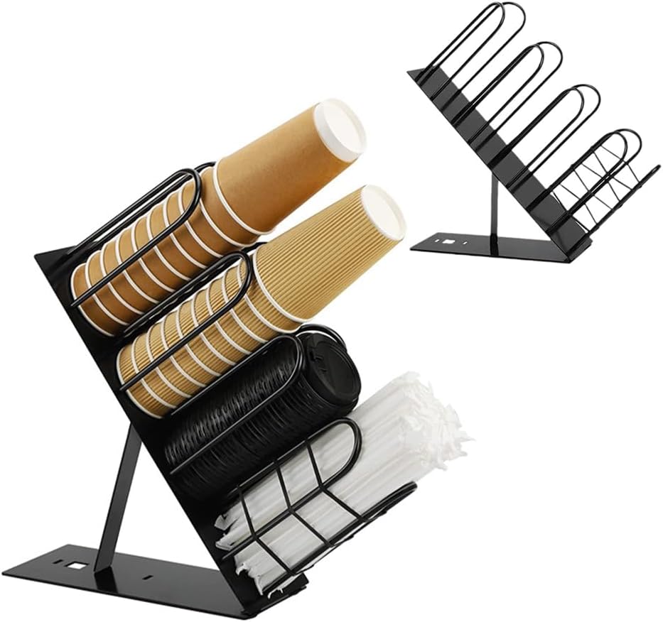 Cup and Lid Holder with Straw Holder, 4 Compartment Adjustable Coffee Cup Dispenser, Disposable Cup DispenserCoffee Cup Holder for Countertop for Coffee Station Office Kitchen - Black