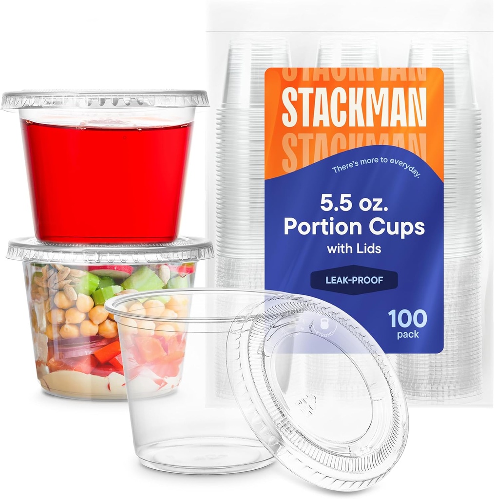[100 Sets - 5.5 oz.] Plastic Clear Portion Cups, Snack / Yogurt /Parfait/ Pudding / Souffle /Dessert Cups, Disposable Containers with Lids 5.5oz.