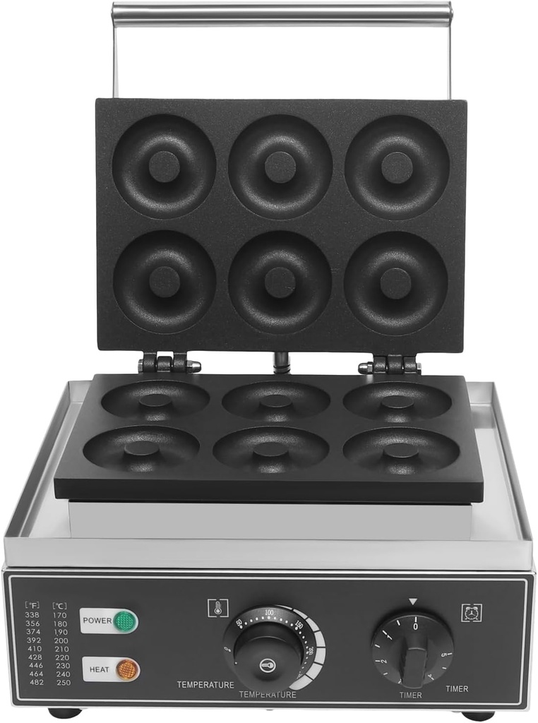 Mini Donut Makers, Commercial 6 Holes Double-Sided Electric Waffle Maker, 1550w 122-572℉ Non-Stick Donut Bake Machine for Professional Kitchen, Waffle Donut Machine for Chocolate Candies Ketchup etc
