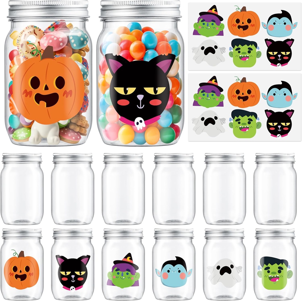 JAPBOR Halloween Candy Jars Containers - 14PCS Halloween Small Plastic Cookie Candy Jar with Lid Pumpkin Ghost Sticker Decoration, DIY Sugar Storage Dish Craft, Party Favor Gift Bottle Decor