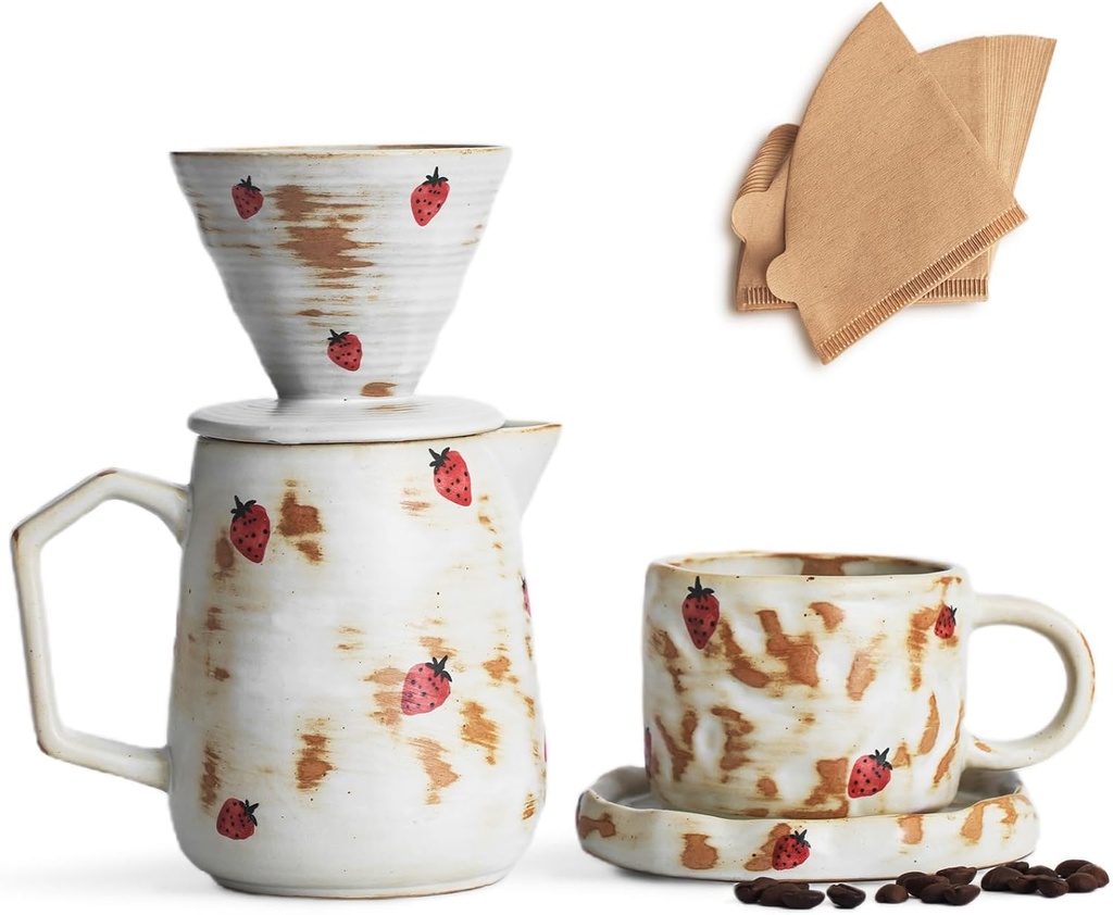 Handcrafted Pour Over Coffee Maker Set with Coffee Cup with Strawberry Pattern 20 Count Paper Filter V60 Drip Coffee Maker 20 oz Coffee Dripper (Strawberry)