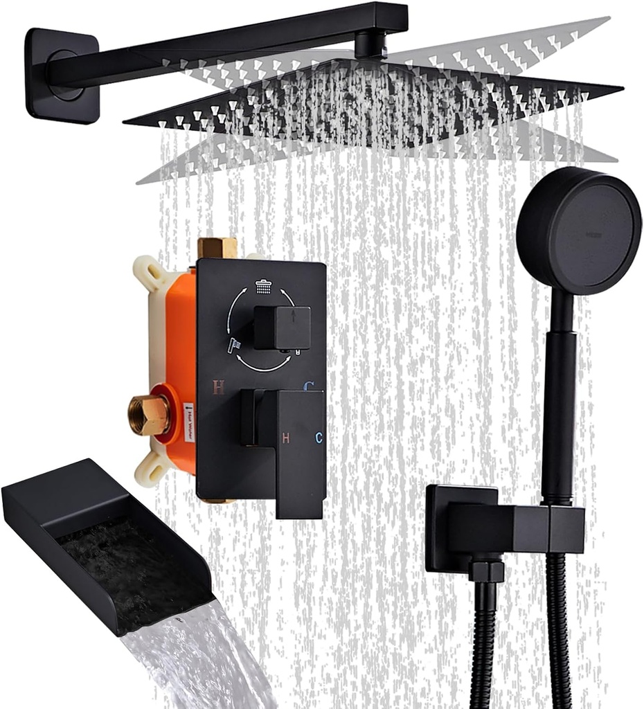 Matte Black Shower System With Tub Spout Faucet Set, Wall Mounted 10 Inch Shower Heads with Handheld Spray Combo and Tub Shower Faucet, Luxury Bathroom Square Rain Shower System - 4 Hooks