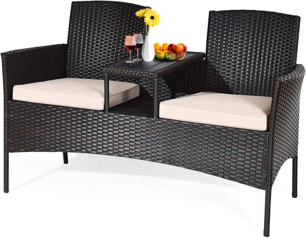 HAPPYGRILL Outdoor Loveseat with Removable Cushions and Coffee Table, Rattan Patio Wicker Conversation Set for Garden Lawn Backyard