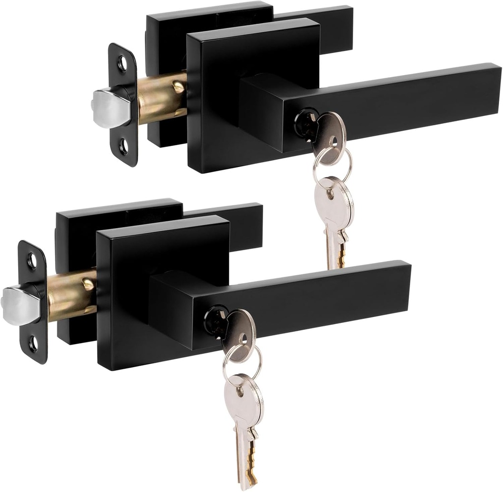 HOSOM 2 Pack Entry Door Handles with Key Exterior Interior Door Handle Matte Black Interior Modern Entrance Door Lever Handleset for Left Right Heavy Duty Door Knob