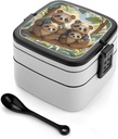 Sloth Family Bento Box Double-Layer Bento Lunch Container with Spoon And Invisible Handle Adult Leak-Proof Lunchbox for Dining Out Work Picnics Travel