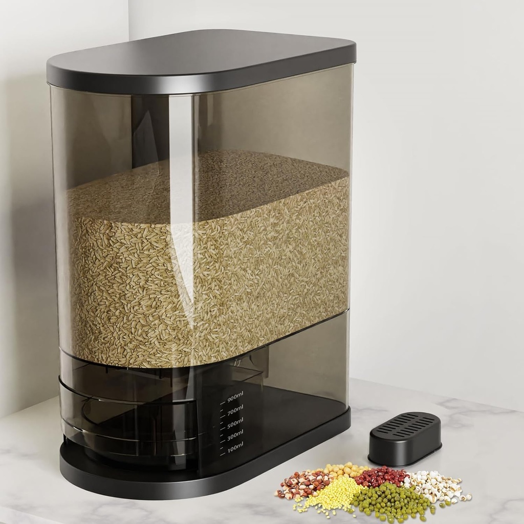 Large Rice Dispenser 22-25Lbs, Cereal Dispenser Rice Container Food Storage Container with Measuring Cup, Cereal Containers Storage Kitchen Storage Household Moisture Proof Holder, Black