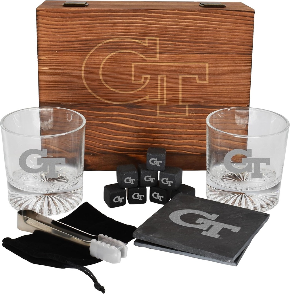 The Memory Company Licensed NCAA Wood Boxed Drinkware Gift Set - Includes 2 Premium Rock Glasses, Cooling Cubes, Tongs, and Coasters, Georgia Tech DrinkwareSet