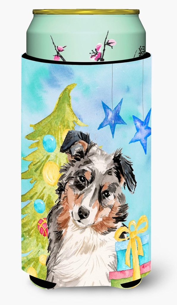 Caroline's Treasures BB9397TBC Australian Shepherd Christmas Tall Boy Hugger Can Cooler Sleeve Hugger Machine Washable Drink Sleeve Hugger Collapsible Insulator Beverage Insulated Holder