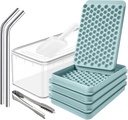 4x104 pcs Pebble Ice Cube Tray with Lid and Bin - 0.55in Small Round Mold with Box, Scoop, Tongs, 2x SS Straws - Mini Crushed Nugget Ice Maker for Freezer, Drinks, Cocktail