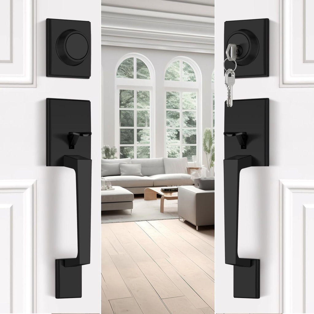 EHOMEWARE Black Double Front Door Lock Set, Matte Black Double Door Handle Set, Exterior Door Handle with Deadbolt and Dummy, Heavy Duty Front Door Hardware, Reversible Door Lever for Left/Right Doors